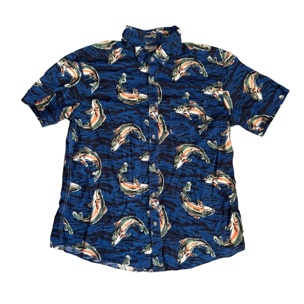 Eddie Bauer Mens XL Classic Fit Rainbow Trout Fish Print Button Down Shirt Blue
